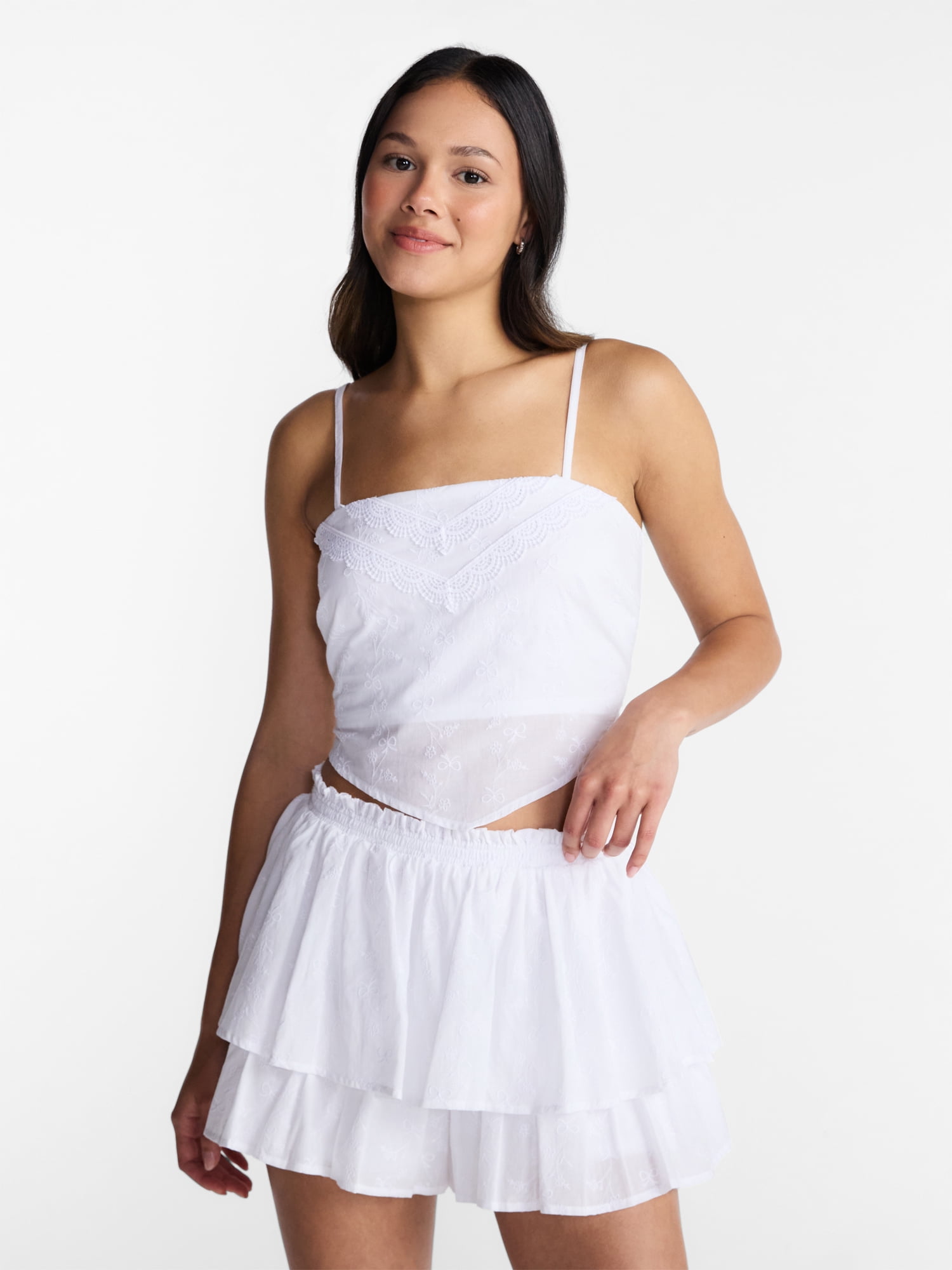 No Boundaries Eyelet Cotton Crop Top and Flutter Skirt Set, 2 Piece, Women's XXS-XXL