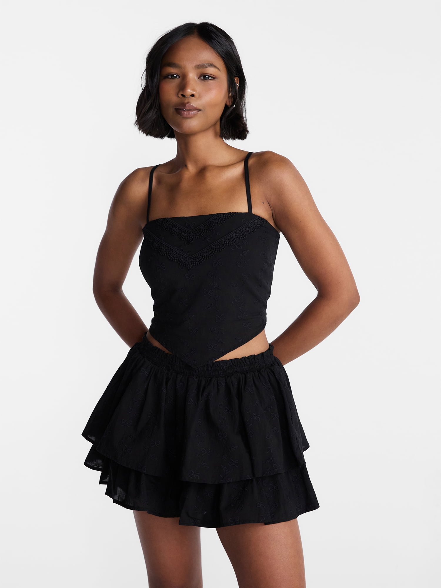 No Boundaries Eyelet Cotton Crop Top and Flutter Skirt Set, 2 Piece, Women's XXS-XXL