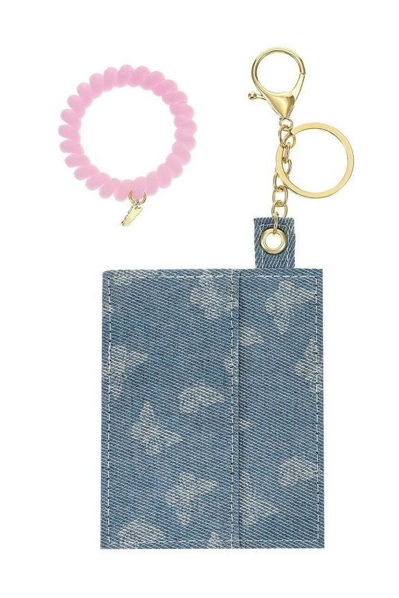 Fabric ID Holder Keychain with Stretch Coil Bracelet, Blue Denim