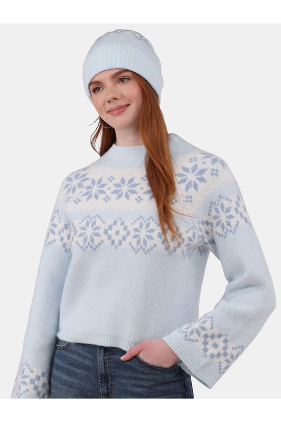 Fairisle Jacquard Pullover and Beanie Set, 2-Piece, Women's and Women’s Plus