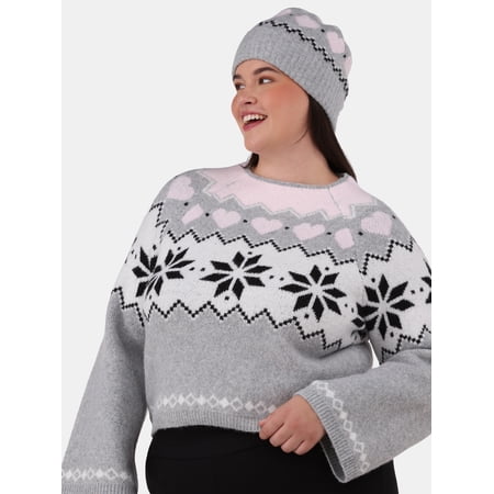 No Boundaries Fairisle Jacquard Pullover and Beanie Set, 2-Piece, Women's and Women’s Plus