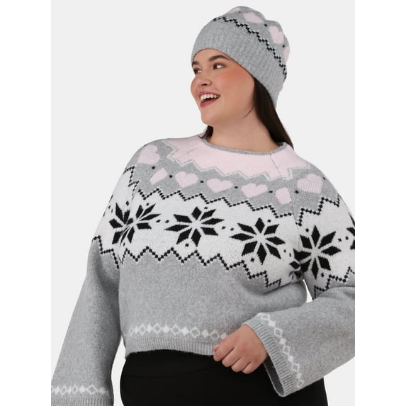 No Boundaries Fairisle Jacquard Pullover and Beanie Set, 2-Piece, Women's and Women’s Plus
