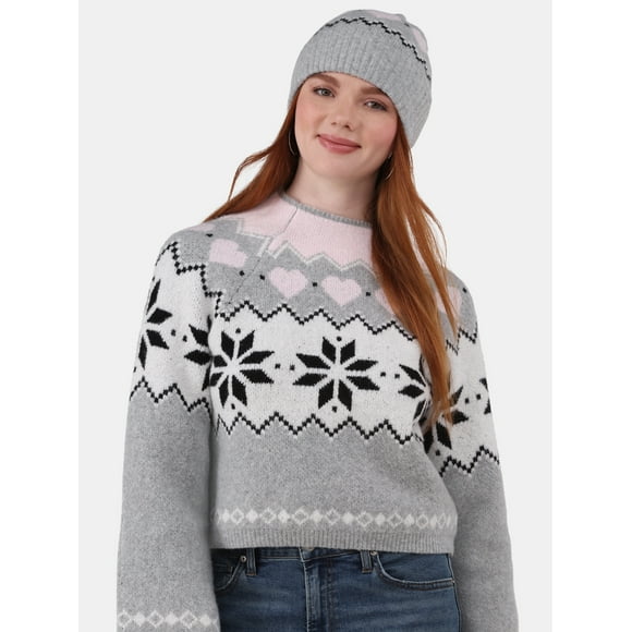 No Boundaries Fairisle Jacquard Pullover and Beanie Set, 2-Piece, Women's and Women’s Plus