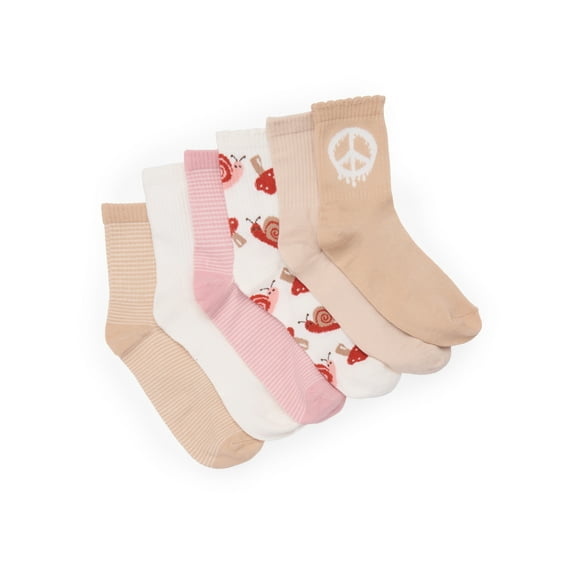 No Boundaries Fashion Scallop Edge Mid-Crew Socks, 6-Pack, Women's, Shoe Sizes 4-10