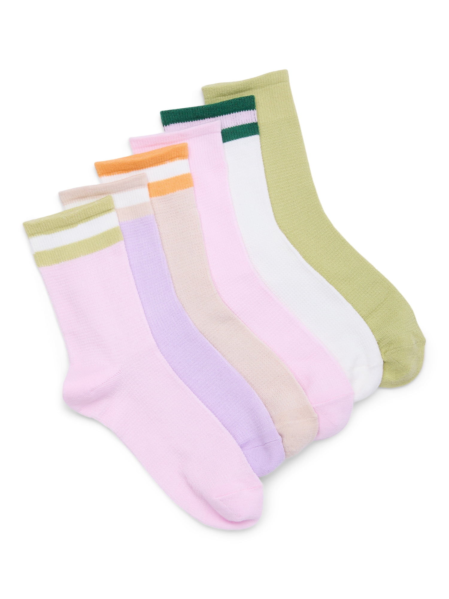 No Boundaries Fashion Waffle Mid-Crew Socks, 6-Pack, Women's, Shoe Sizes 4-10