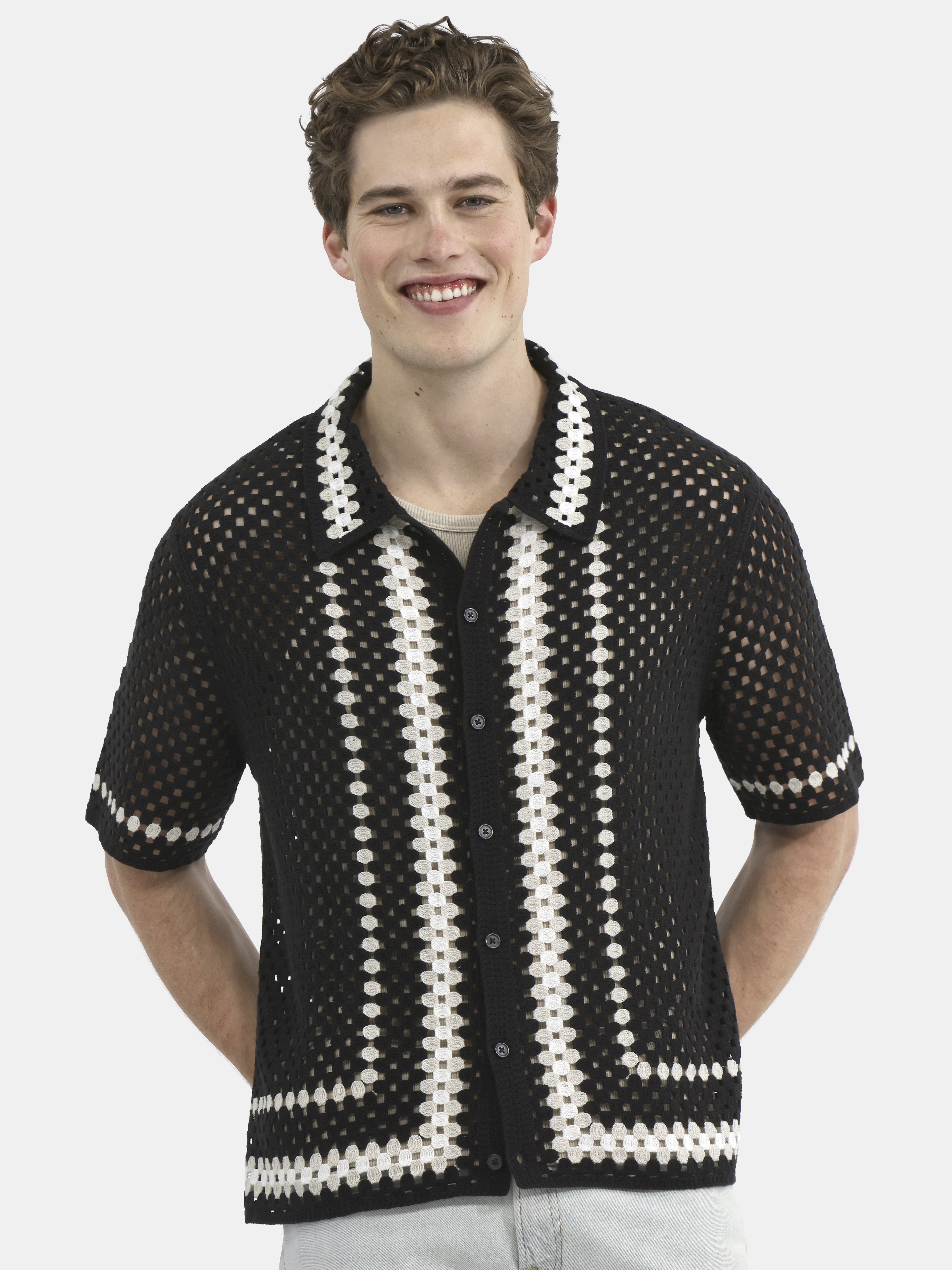 No Boundaries Faux Crochet Button-Up Polo Shirt, Men's and Big Men's