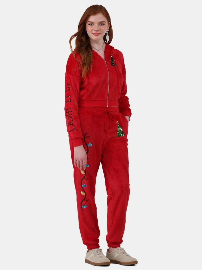 No Boundaries Faux-Fur Christmas Track Suit Set, Women's Plus