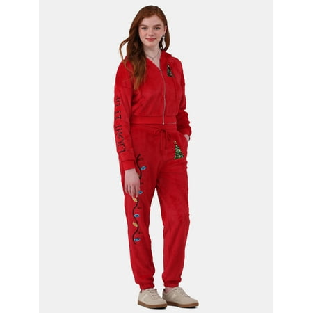 No Boundaries Faux-Fur Christmas Track Suit, 2-Piece, Women's and Women's Plus