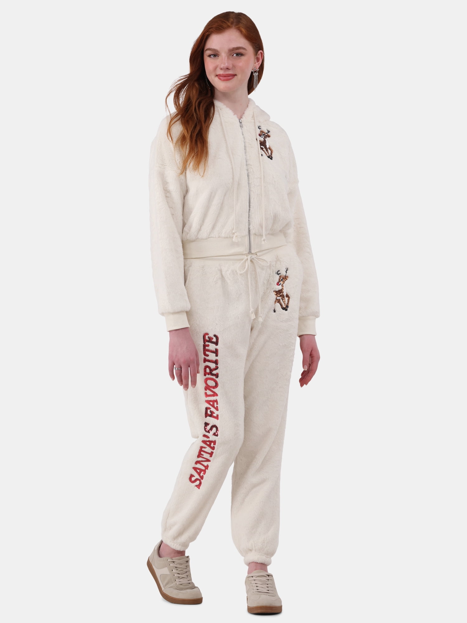 No Boundaries Faux-Fur Christmas Track Suit, 2-Piece, Women's and Women's Plus