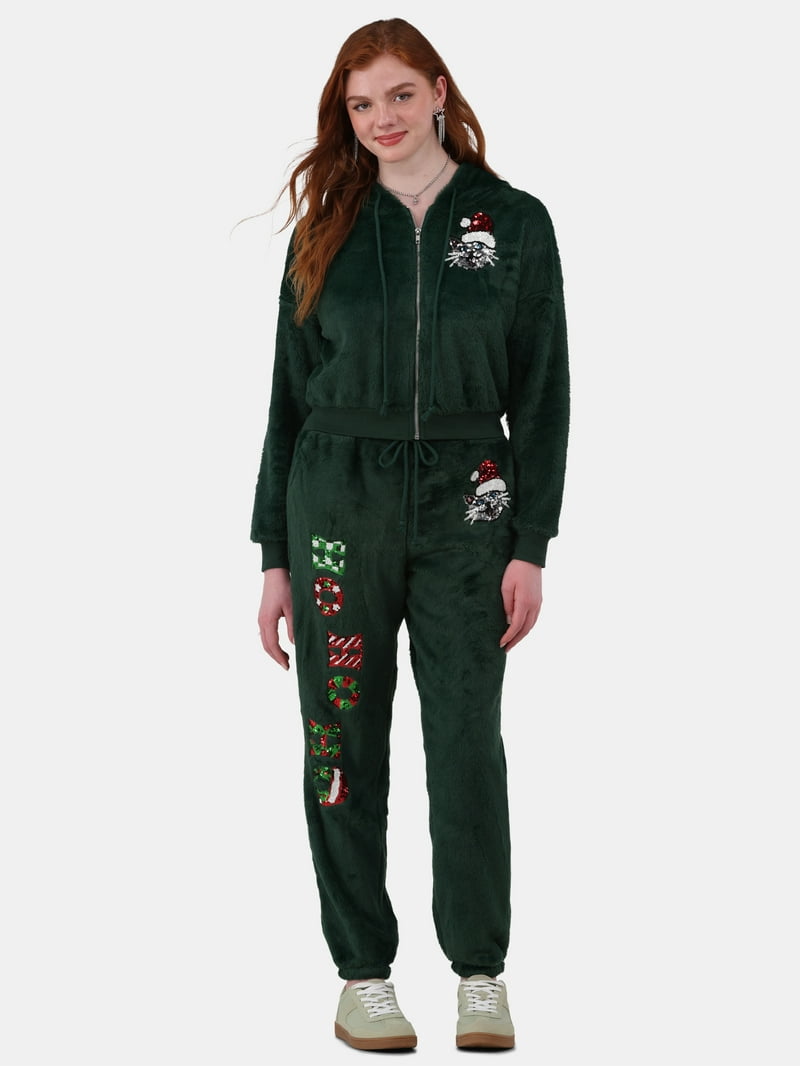 No Boundaries Faux-Fur Christmas Track Suit for Women, 2-Piece