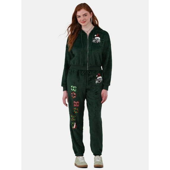 No Boundaries Faux-Fur Christmas Track Suit, 2-Piece, Women's and Women's Plus
