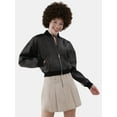 thumbnail image 1 of No Boundaries Faux Leather Cargo Bomber Jacket, Women’s, 1 of 5