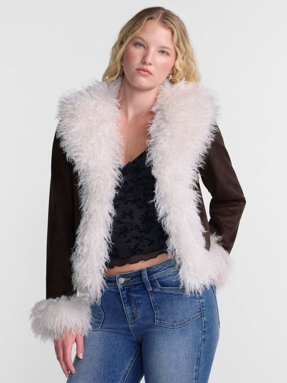 Faux Suede Jacket with Faux Fur Trim, Women's and Women's Plus XXS-4X