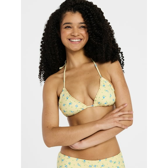 No Boundaries Femme Floral Print Triangle Bikini Top with Lettuce Edge, Women’s XXS-XXL