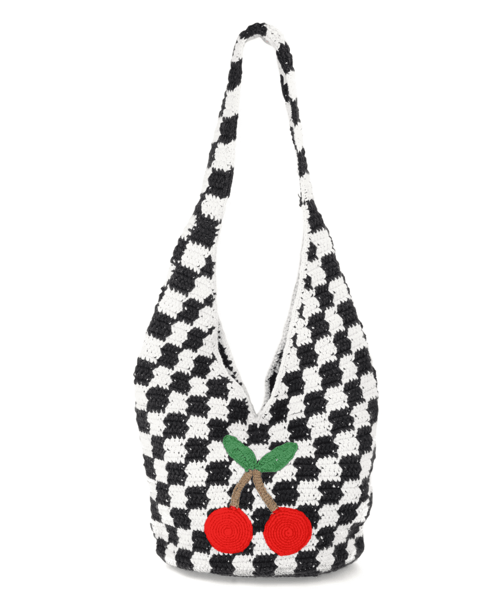 No Boundaries Festival Crochet Hobo Bag, Black/White Checker Cherries, Women's