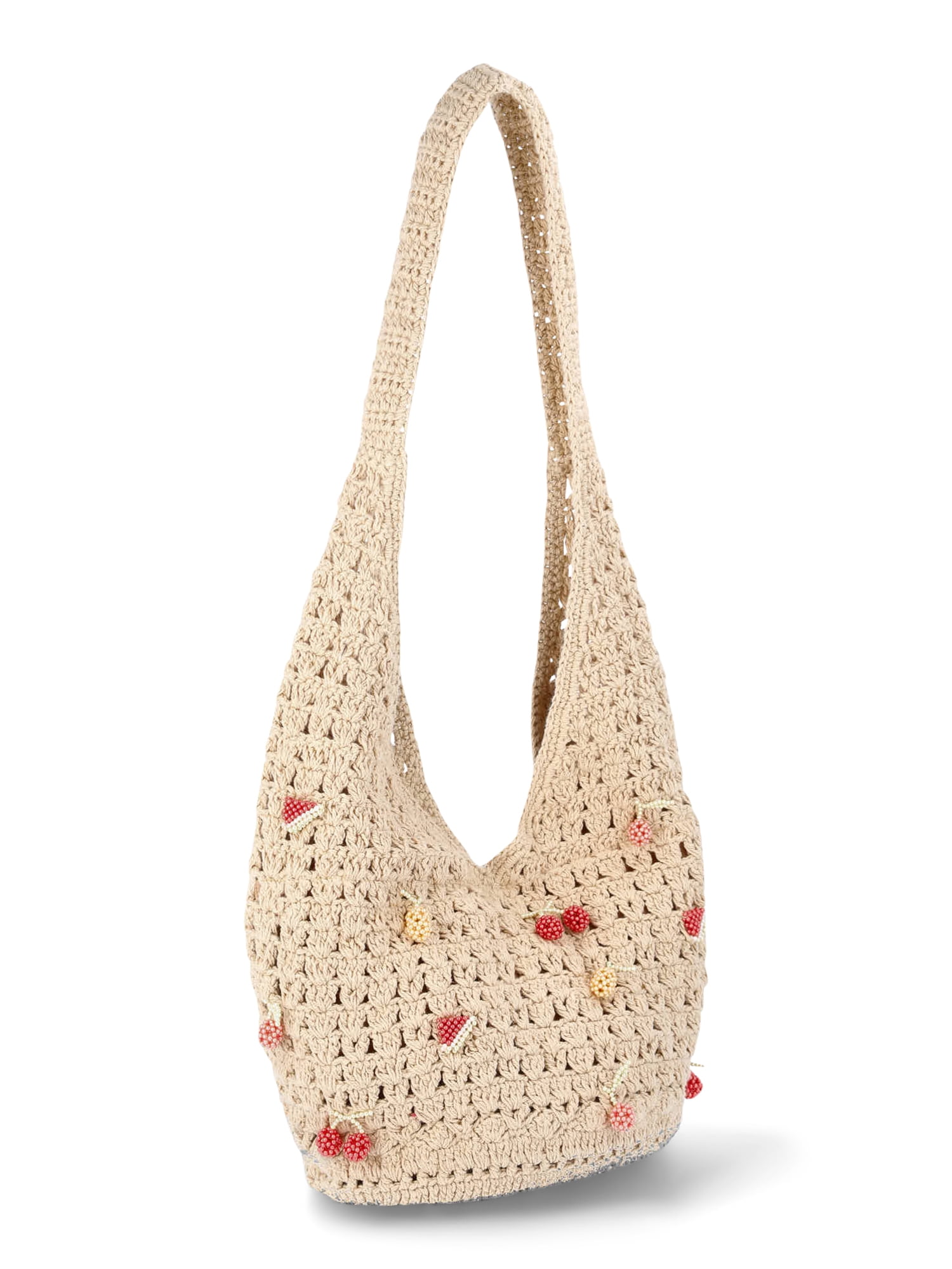 No Boundaries Festival Crochet Hobo Bag, Natural Beaded Fruit, Women's
