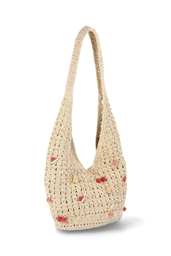 Festival Crochet Hobo Bag, Natural Beaded Fruit, Women's