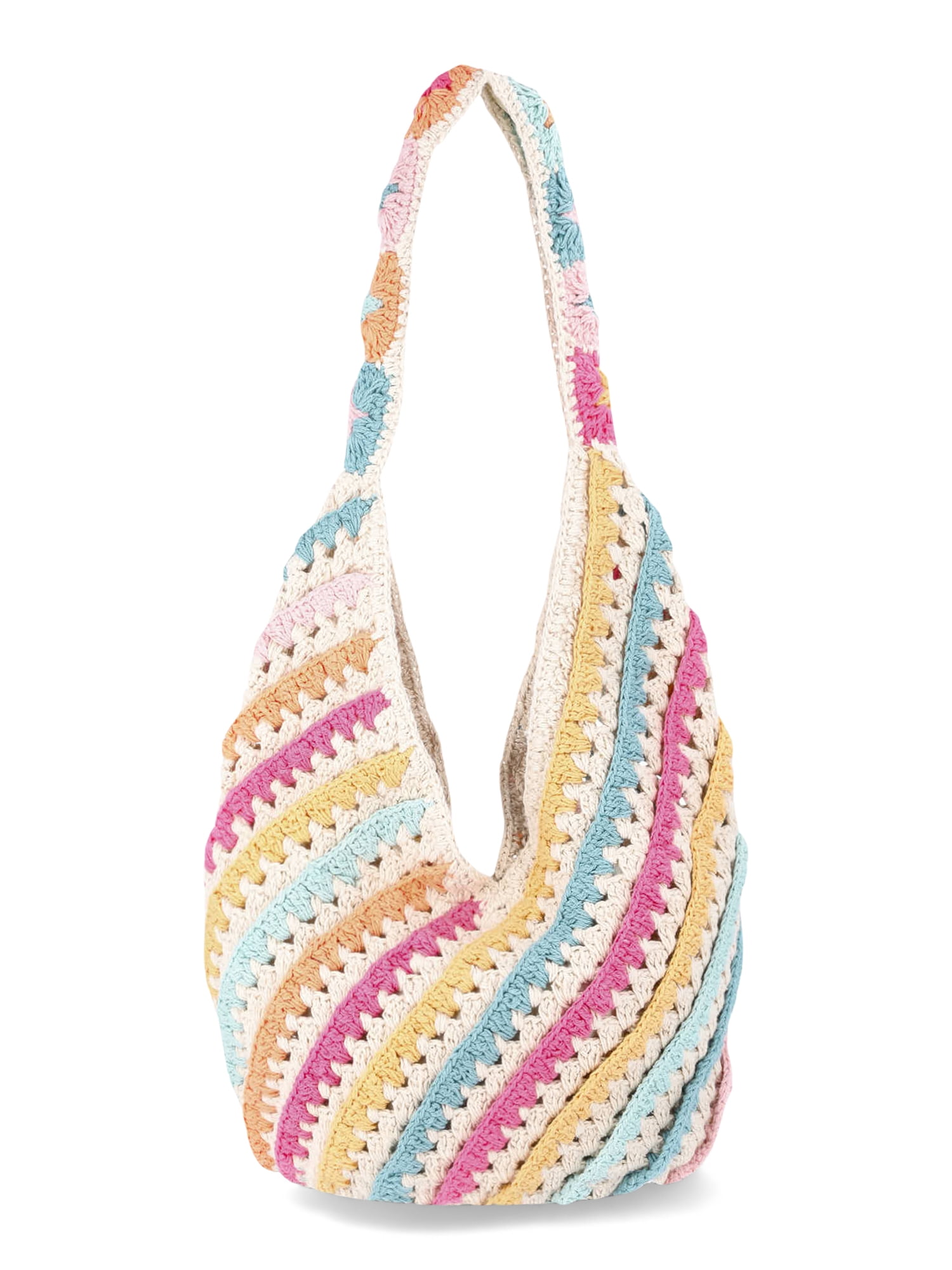 No Boundaries Crochet Hobo Bag for Women, Natural Stripe, Festival