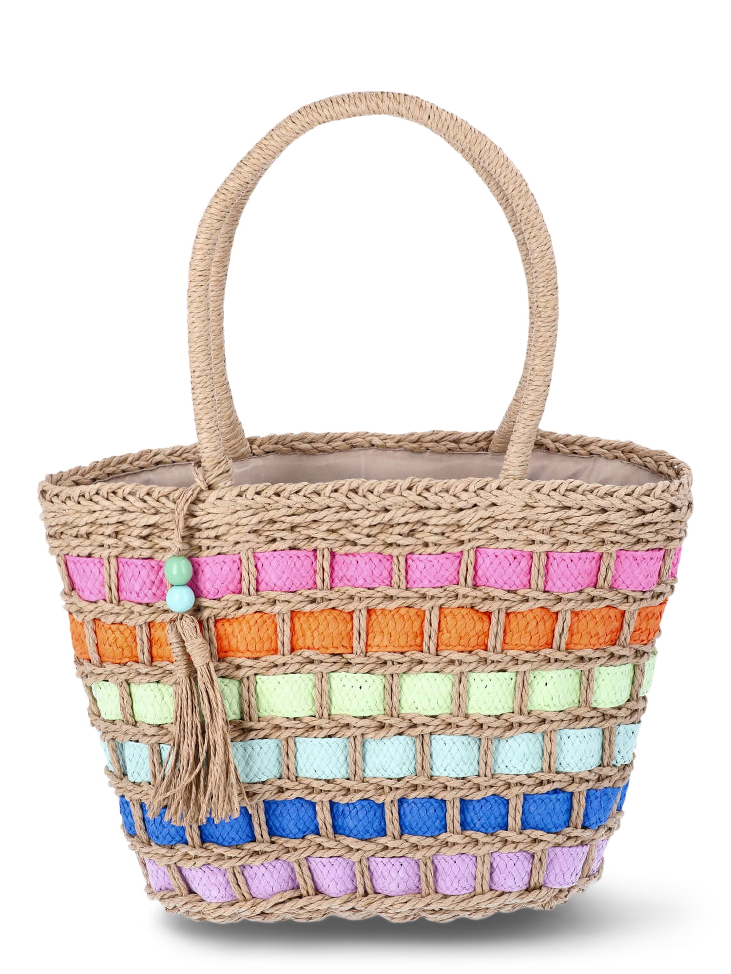 No Boundaries Festival Straw Top Handle Bag, Natural/Rainbow, Women's