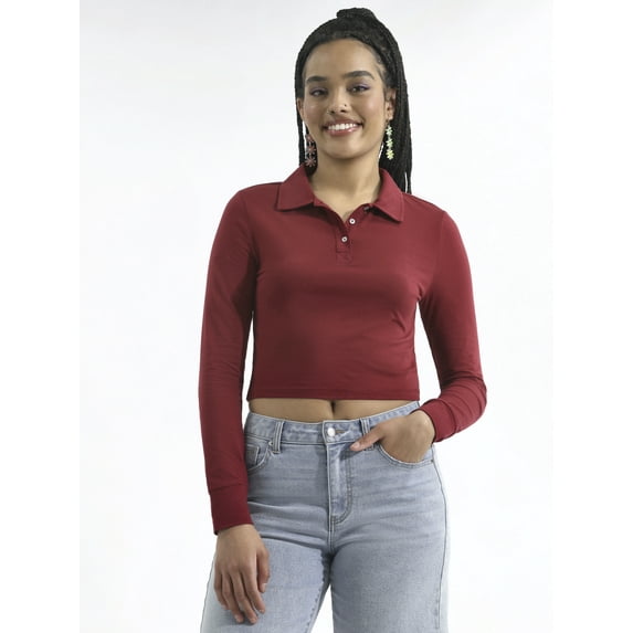 No Boundaries Fitted Cropped Polo Shirt with Long Sleeves, Women's