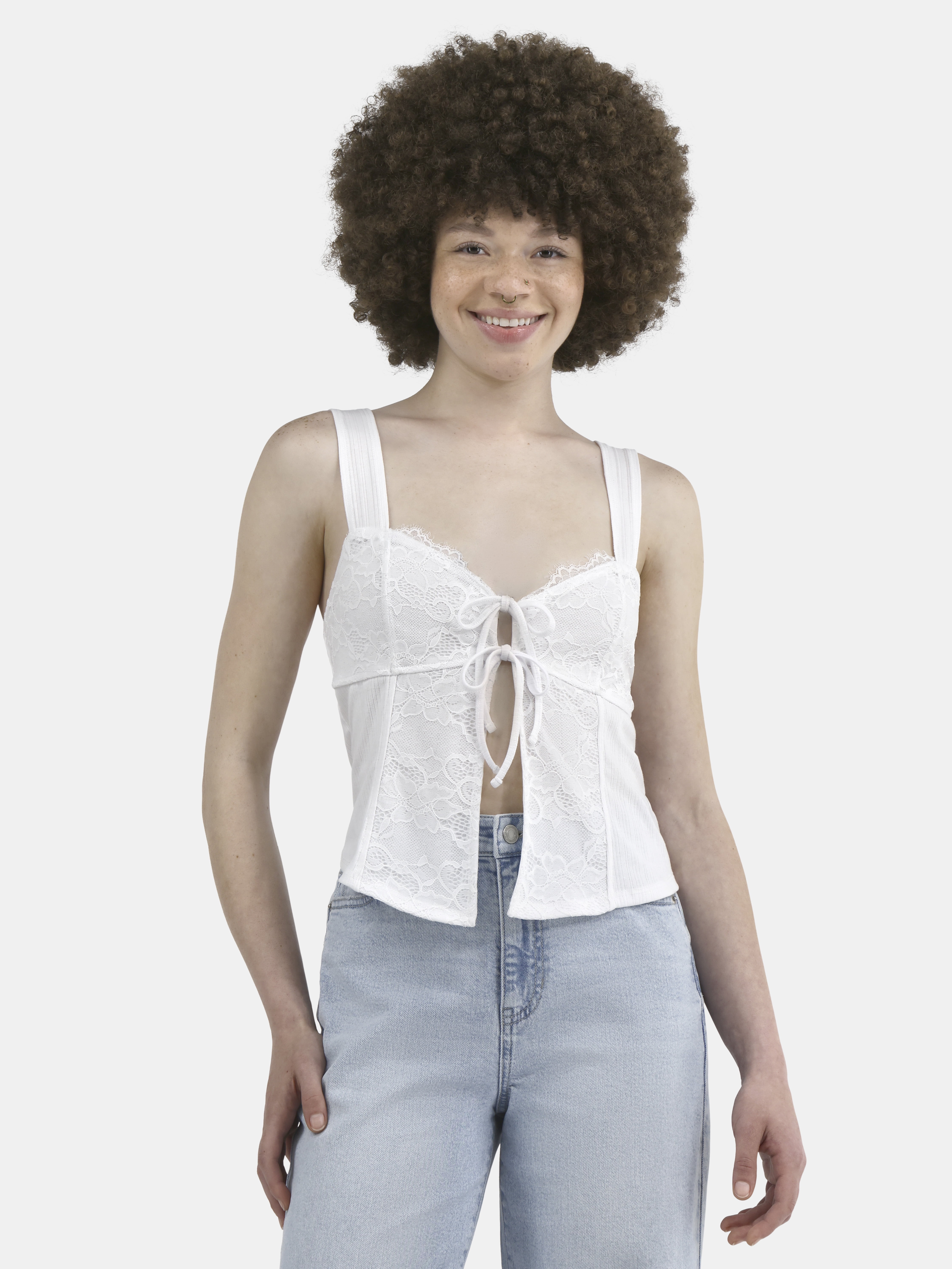 No Boundaries Flyaway Tie-Front Top with Scallop Lace Trim, Women's