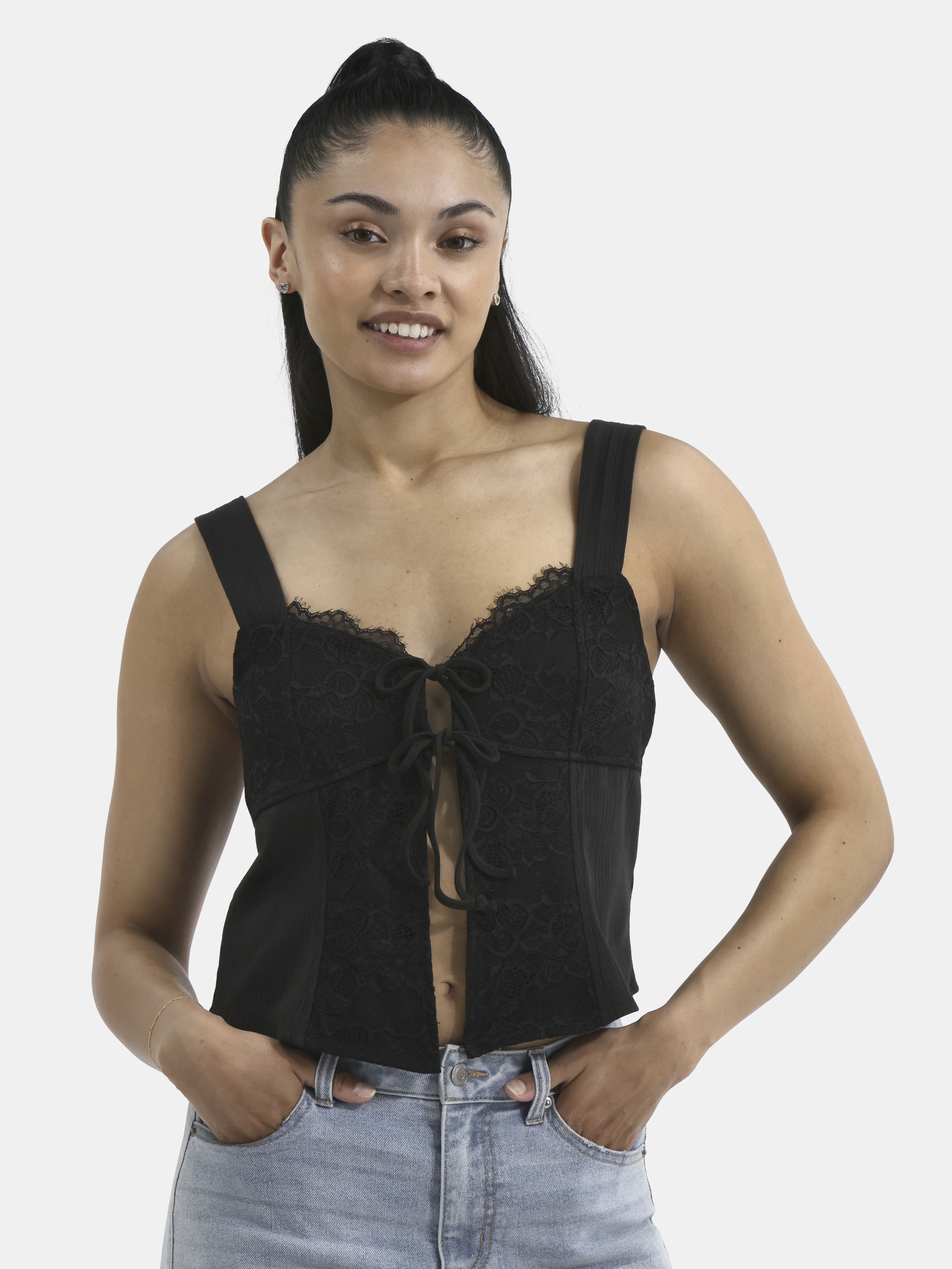 No Boundaries Flyaway Tie-Front Top with Scallop Lace Trim, Women's