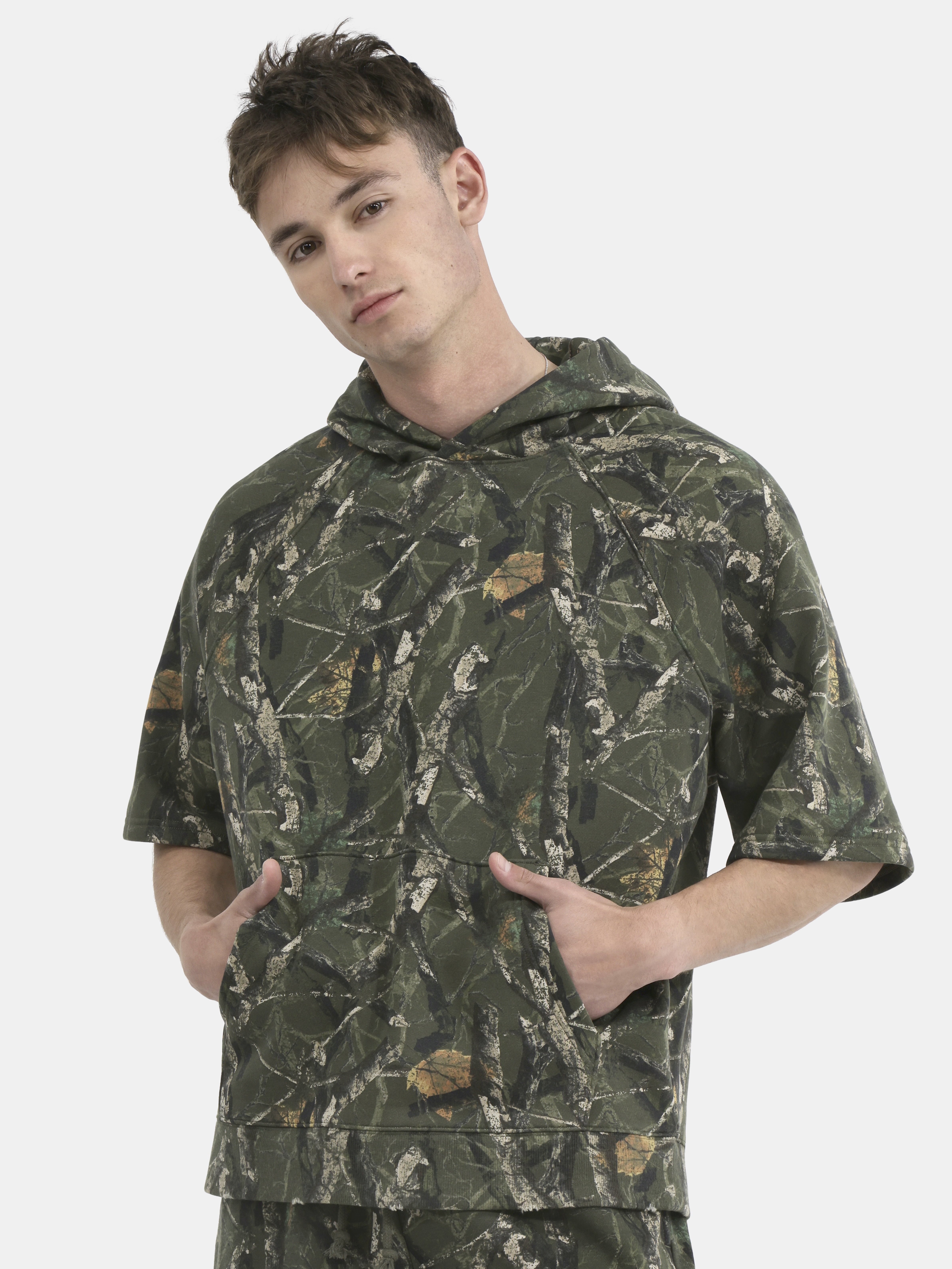French Terry Pullover Hoodie with Short Sleeves, Men's and Big Men's