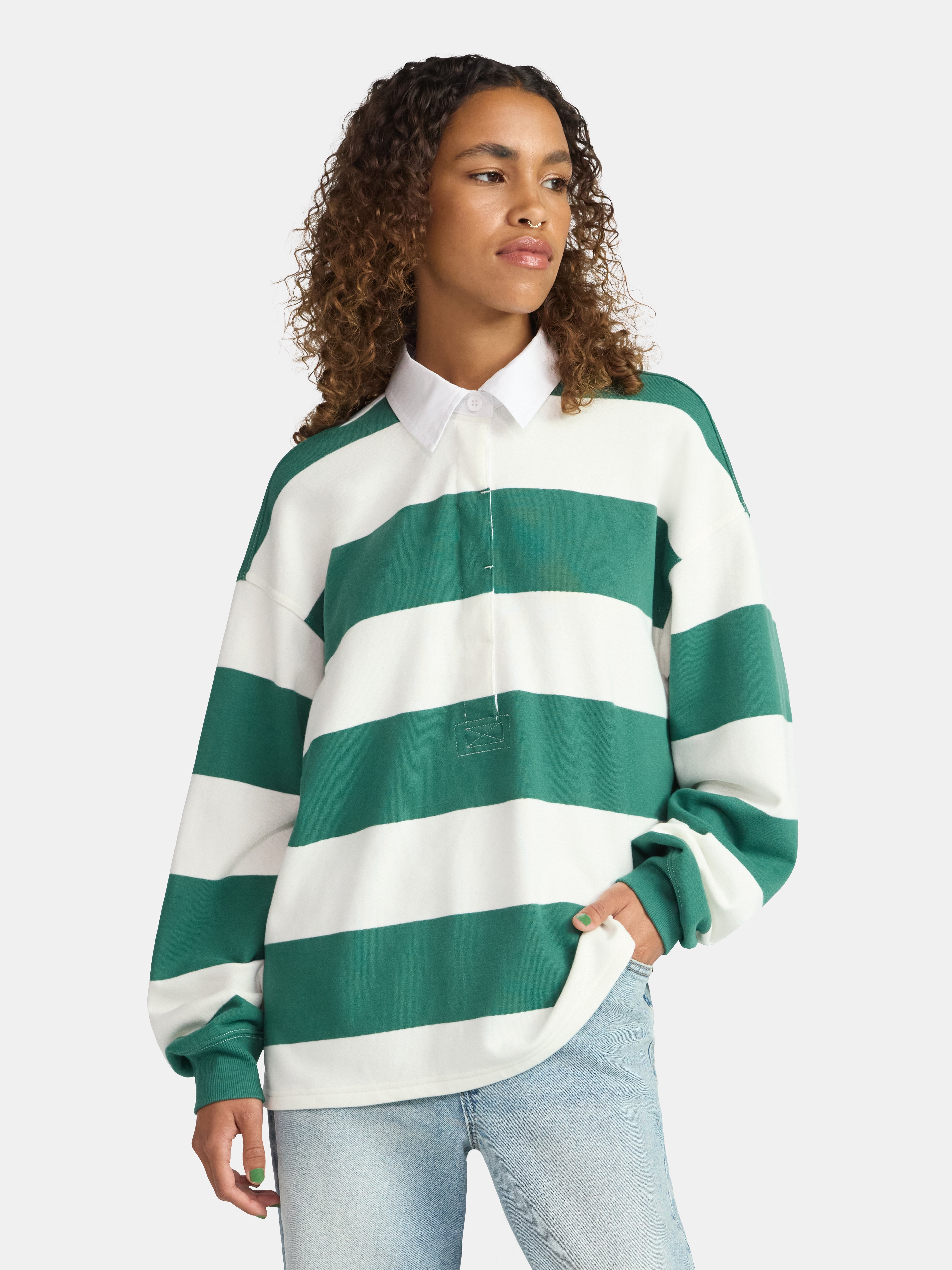 No Boundaries French Terry Rugby Polo Top with Long Sleeves, Women's