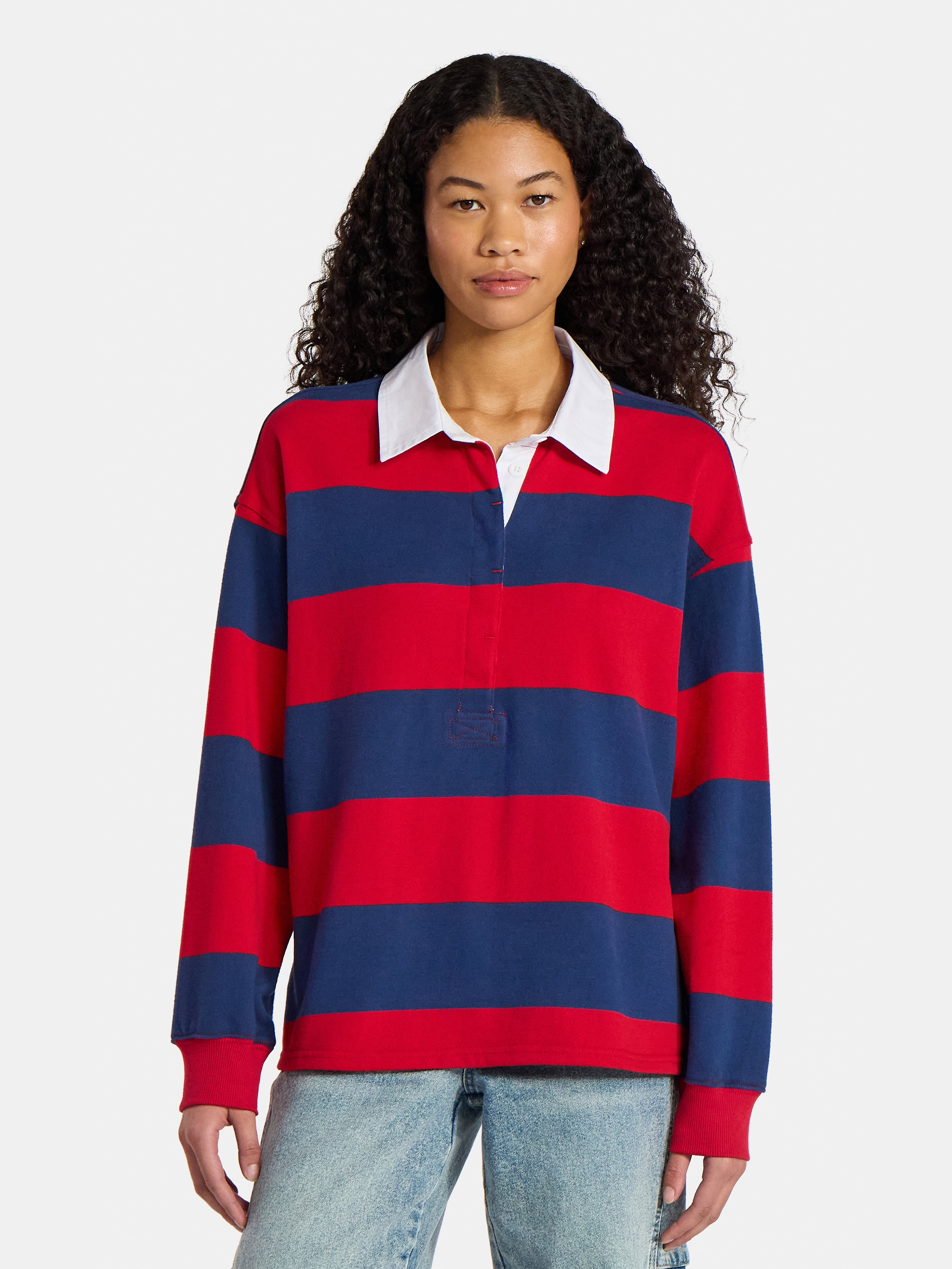 No Boundaries French Terry Rugby Polo Top with Long Sleeves, Women's