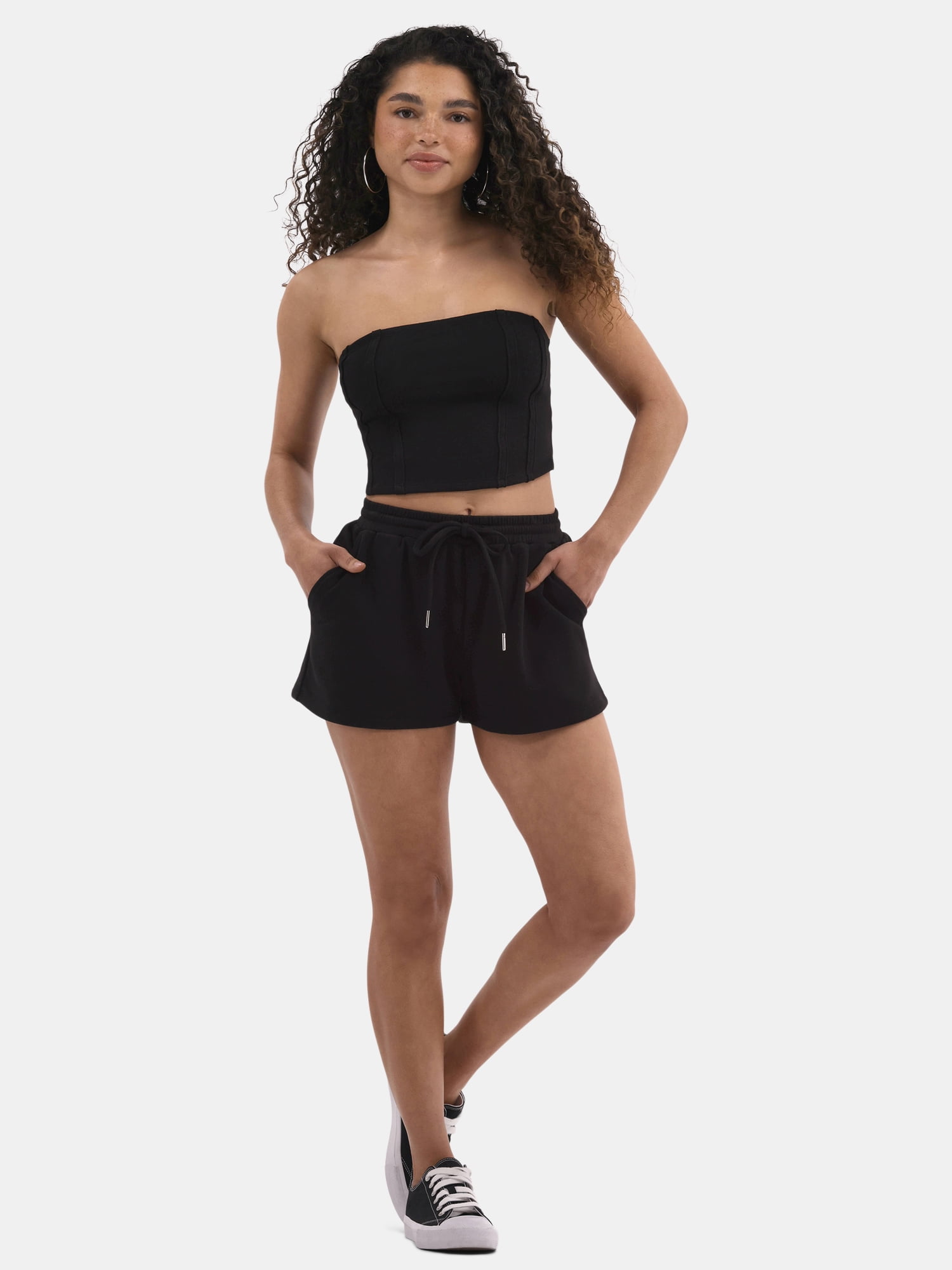 No Boundaries Women's 2-Piece French Terry Tube Top, Shorts