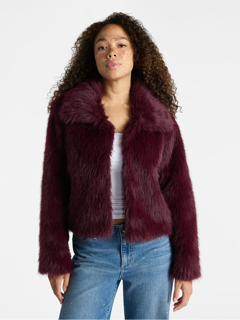 No Boundaries Faux Fur Coat, Women's and Plus