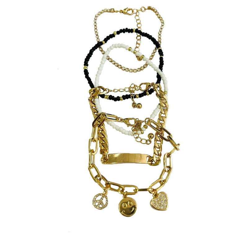 No Boundaries Gold Charm and Beaded Bracelets, 5 Pack