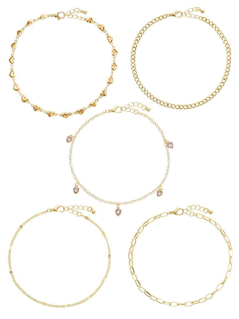 No Boundaries Gold Tone Anklet Set, Heart Motif, 5-Pieces, Women's