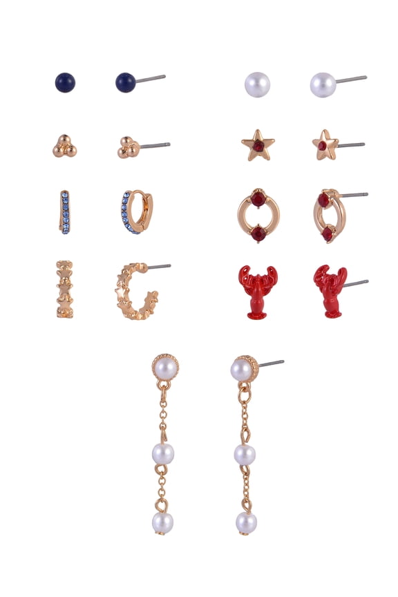 Goldtone 9-On Lobster and Linear Multi Earring Set