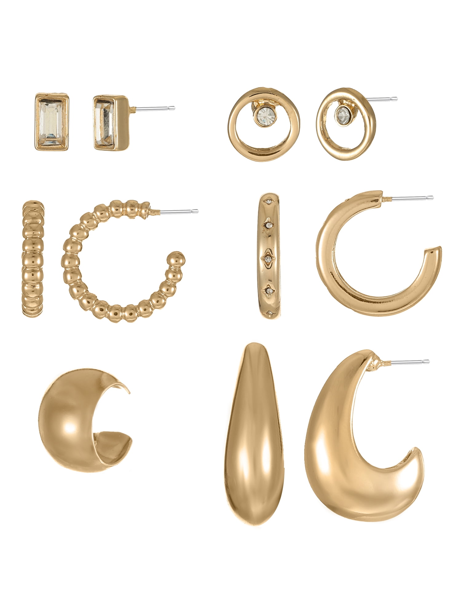 No Boundaries Gold-Tone Earrings Set with Studs, Mini Hoops and Ear Cuff, 5-Pairs, Women’s
