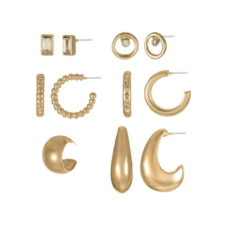 No Boundaries Gold-Tone Earrings Set with Studs, Mini Hoops and Ear Cuff, 5-Pairs, Women’s