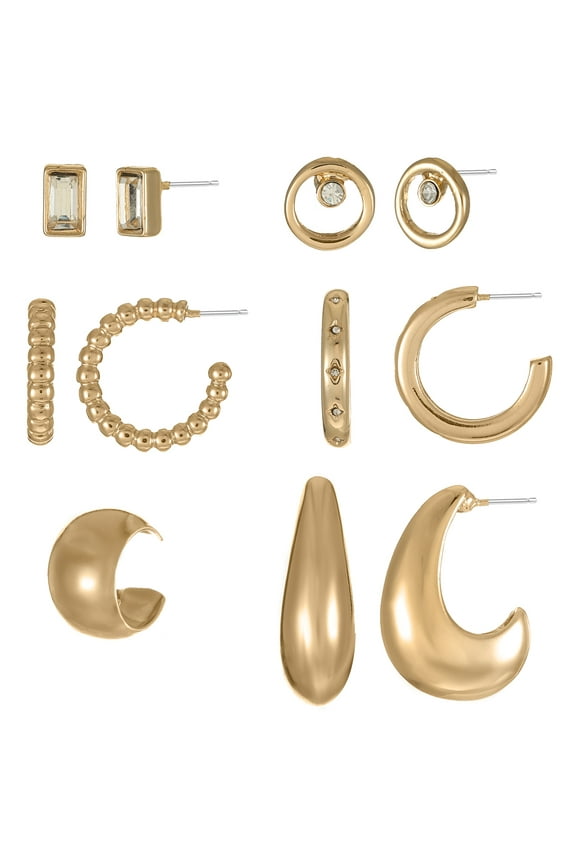 Gold-Tone Earrings Set with Studs, Mini Hoops and Ear Cuff, 5-Pairs, Women’s