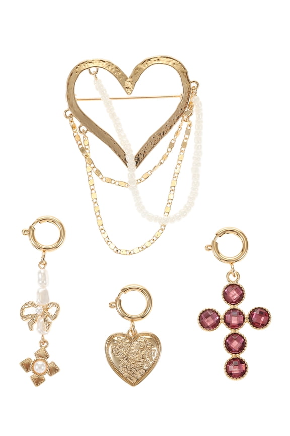 Goldtone Heart Brooch with Interchangeable Charms, 4 Pieces