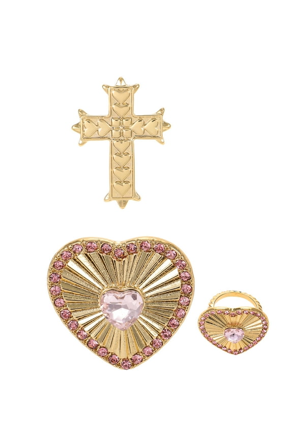 Goldtone Heart and Cross Motif Rings, Light Rose, 2 Pieces, Size 7