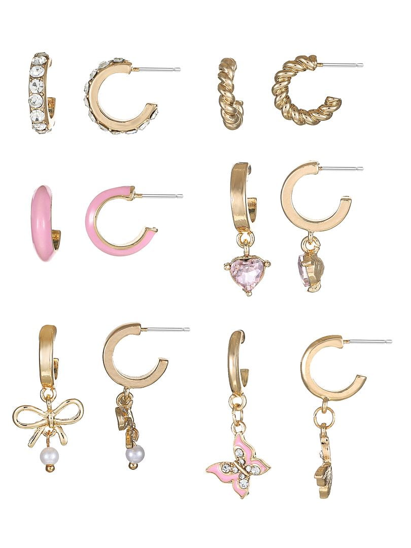 No Boundaries Gold-Tone Mini Hoop Earring Set, 6-Pack, Pink, Women's