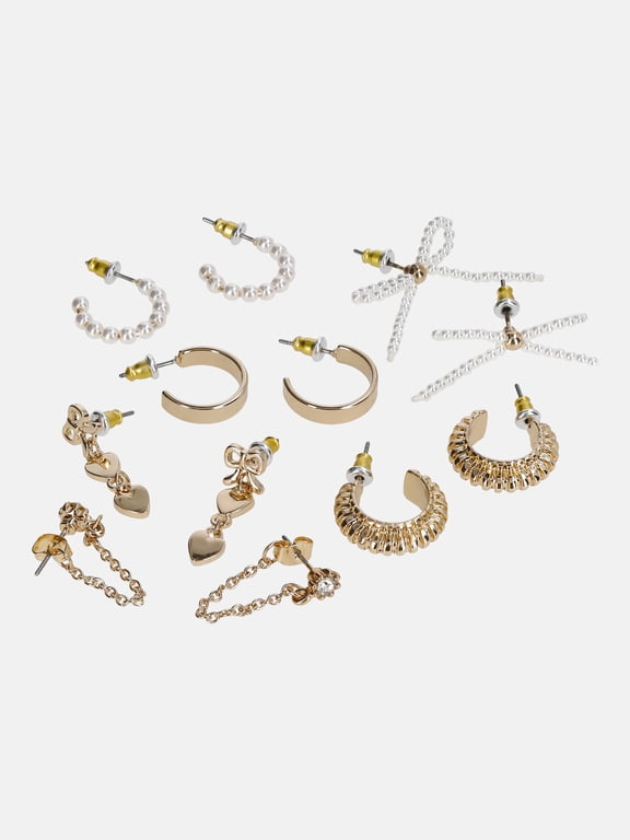 Multi Earring Set, Gold Tone, Studs, Mini Hoops & Charms, 6-Piece, Women's