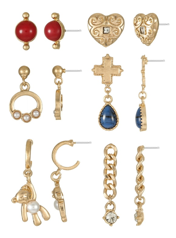 Gold-Tone Multi Earring Set with Studs and Mini Hoops and Drops, 6-Pairs, Women’s