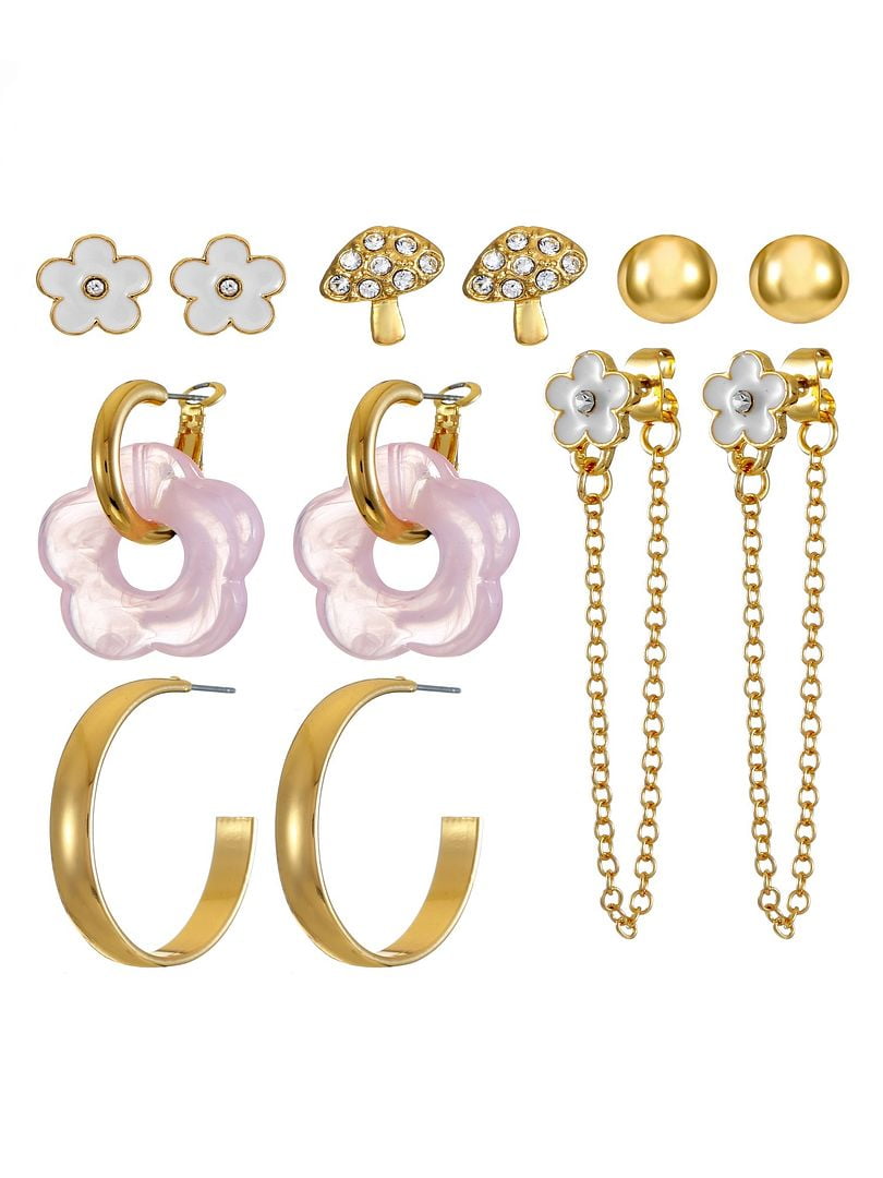 No Boundaries Goldtone Stud and Mini Hoop Earring Set, 6 Pairs, Pink, Women's