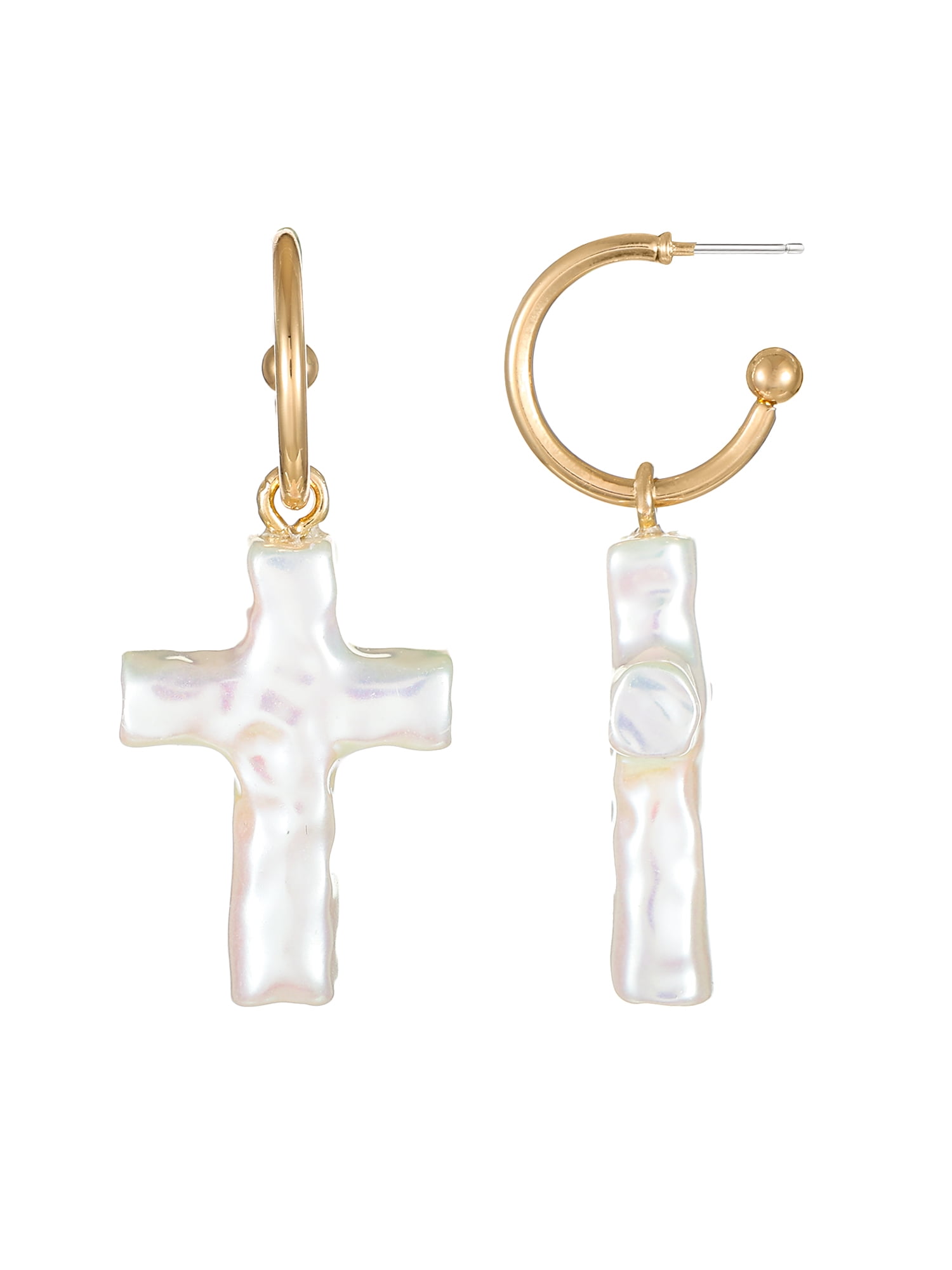 No Boundaries Goldtone and Simulated Mother-of-Pearl Cross Earring