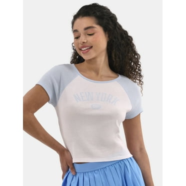 No Boundaries Graphic Raglan Baby Tee with Short Sleeves, Women's