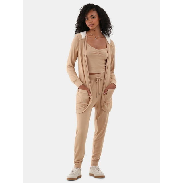 No Boundaries Hacci Knit Tank Top, Cardigan and Joggers Set, 3-Piece, Women's