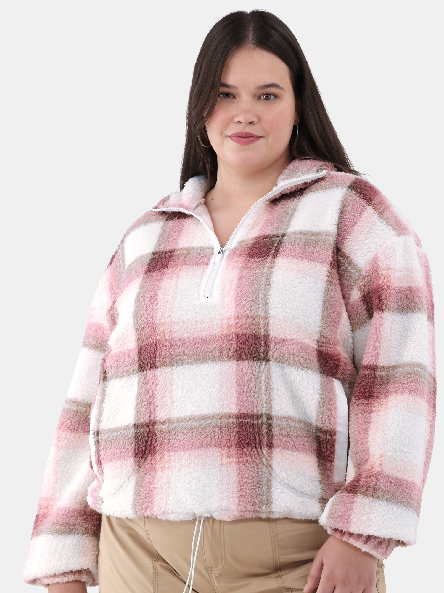 No Boundaries Half Zip Plush Pullover with Pockets, Women's and Women's Plus