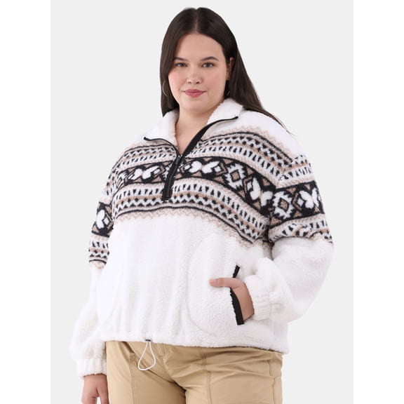 No Boundaries Half Zip Plush Pullover with Pockets, Women's and Women's Plus