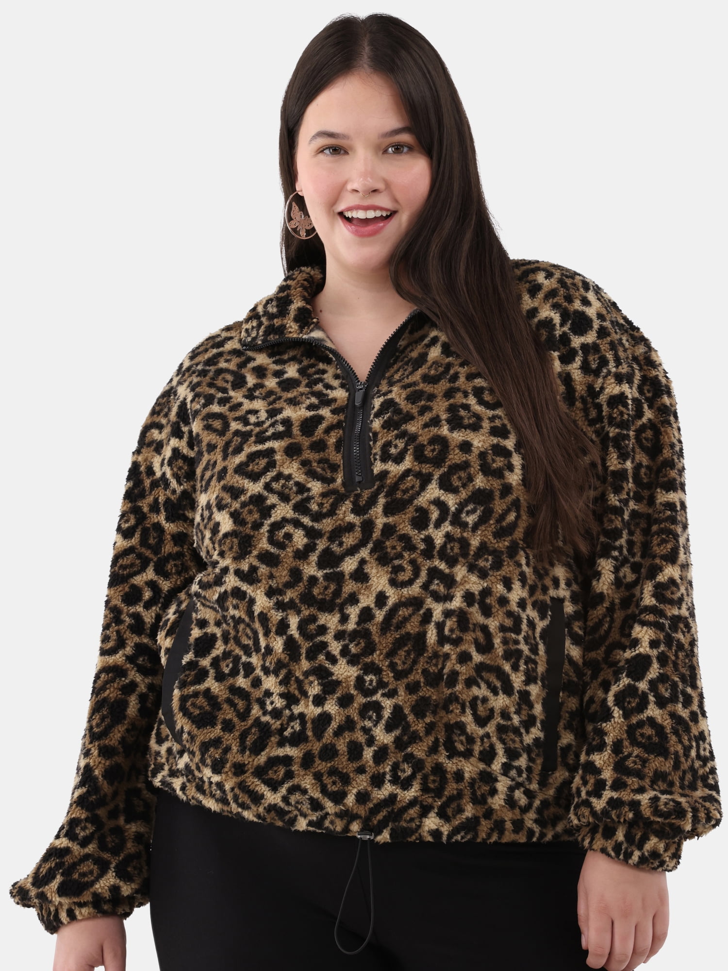 No Boundaries Half Zip Plush Pullover with Pockets, Women's and Women's Plus