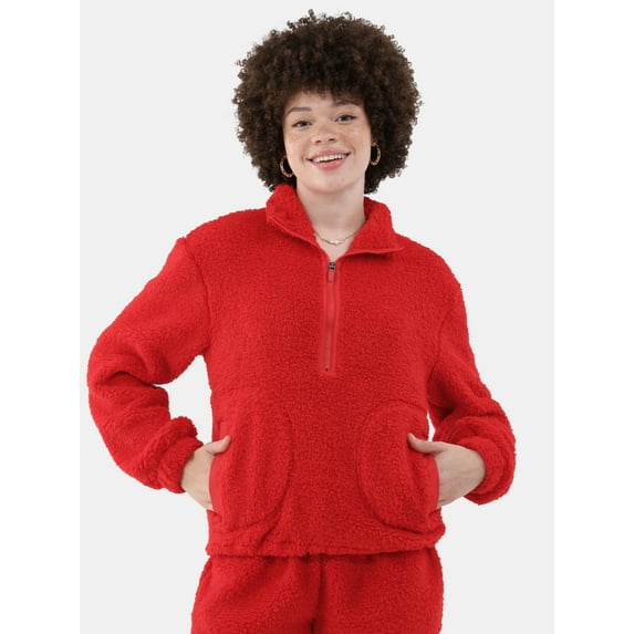 No Boundaries Half Zip Plush Pullover with Pockets, Women's and Women's Plus